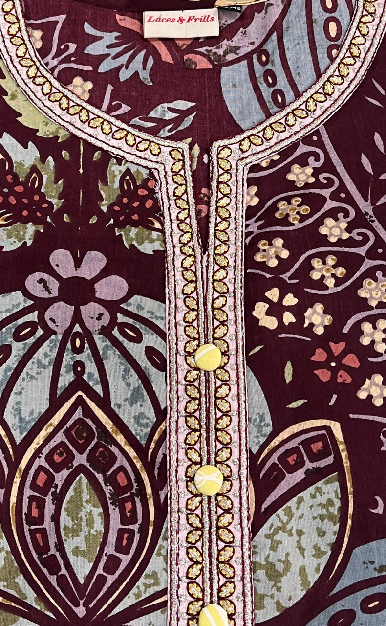 Dark Maroon Garden Jaipuri Cotton Kurti. Pure Versatile Cotton. | Laces and Frills