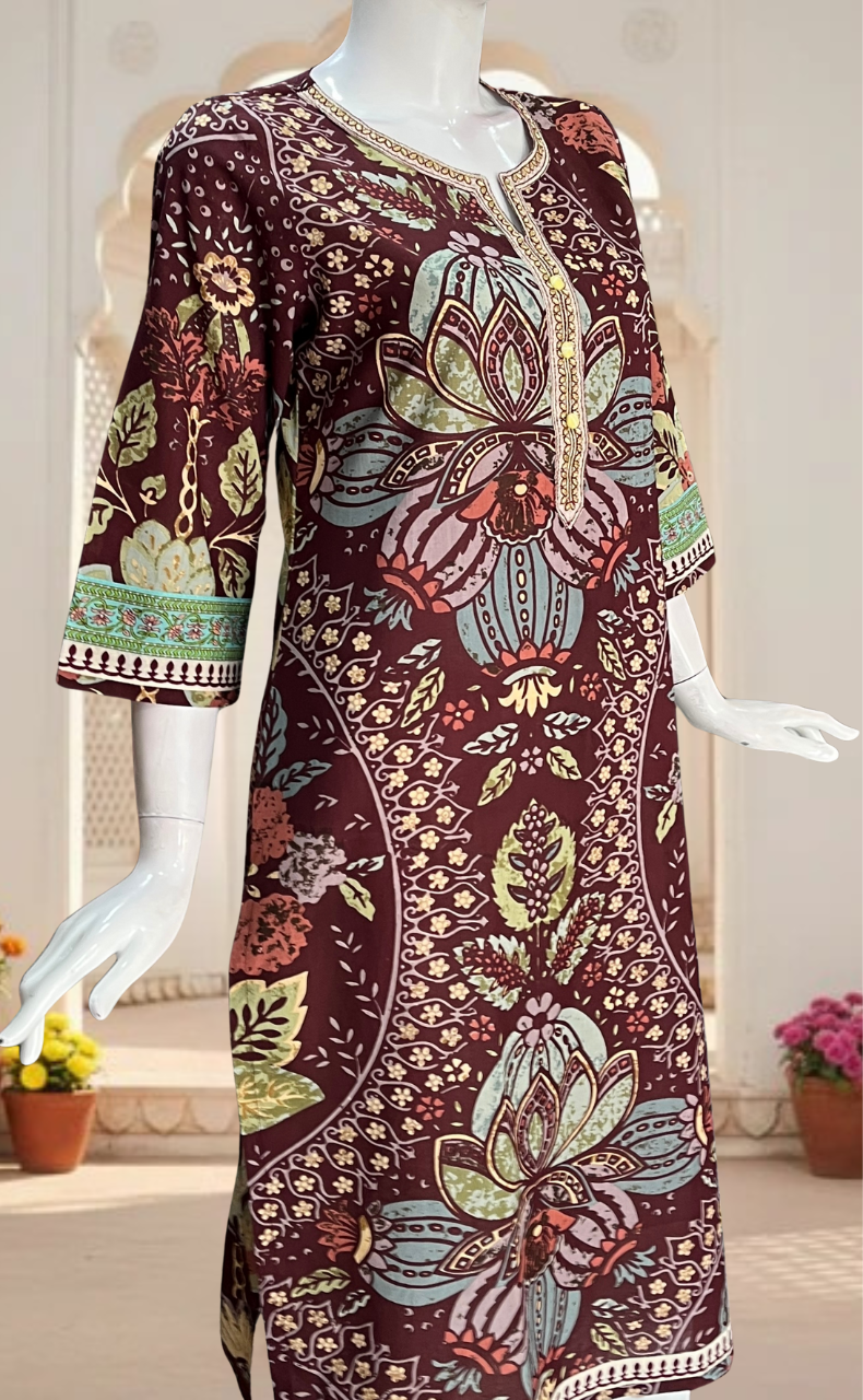 Dark Maroon Garden Jaipuri Cotton Kurti. Pure Versatile Cotton. | Laces and Frills