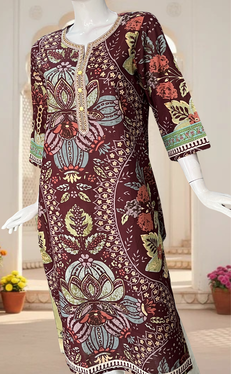 Dark Maroon Garden Jaipuri Cotton Kurti. Pure Versatile Cotton. | Laces and Frills