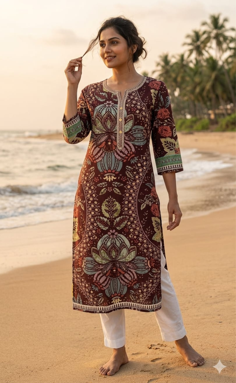 Dark Maroon Garden Jaipuri Cotton Kurti. Pure Versatile Cotton. | Laces and Frills