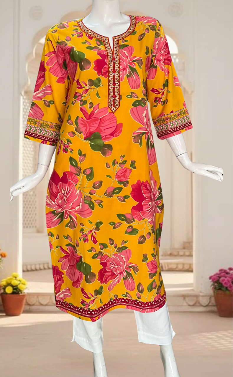 Yellow Garden Jaipuri Cotton Kurti. Pure Versatile Cotton. | Laces and Frills