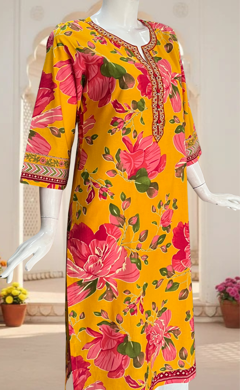 Yellow Garden Jaipuri Cotton Kurti. Pure Versatile Cotton. | Laces and Frills