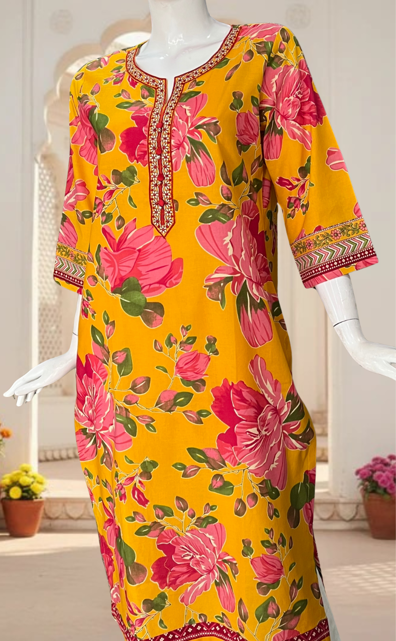 Yellow Garden Jaipuri Cotton Kurti. Pure Versatile Cotton. | Laces and Frills