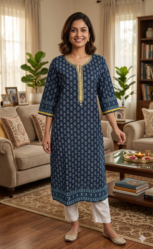 Blue Flora Jaipuri Cotton Kurti. Pure Versatile Cotton. | Laces and Frills - Laces and Frills