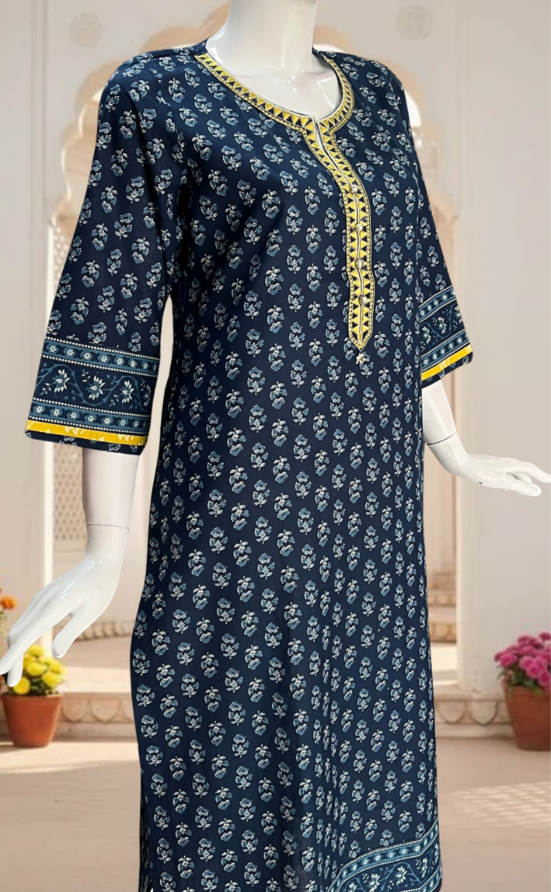 Blue Flora Jaipuri Cotton Kurti. Pure Versatile Cotton. | Laces and Frills