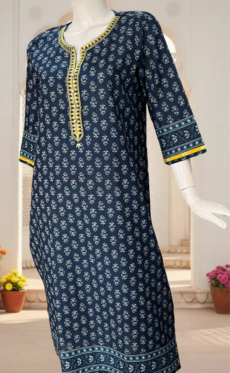 Blue Flora Jaipuri Cotton Kurti. Pure Versatile Cotton. | Laces and Frills