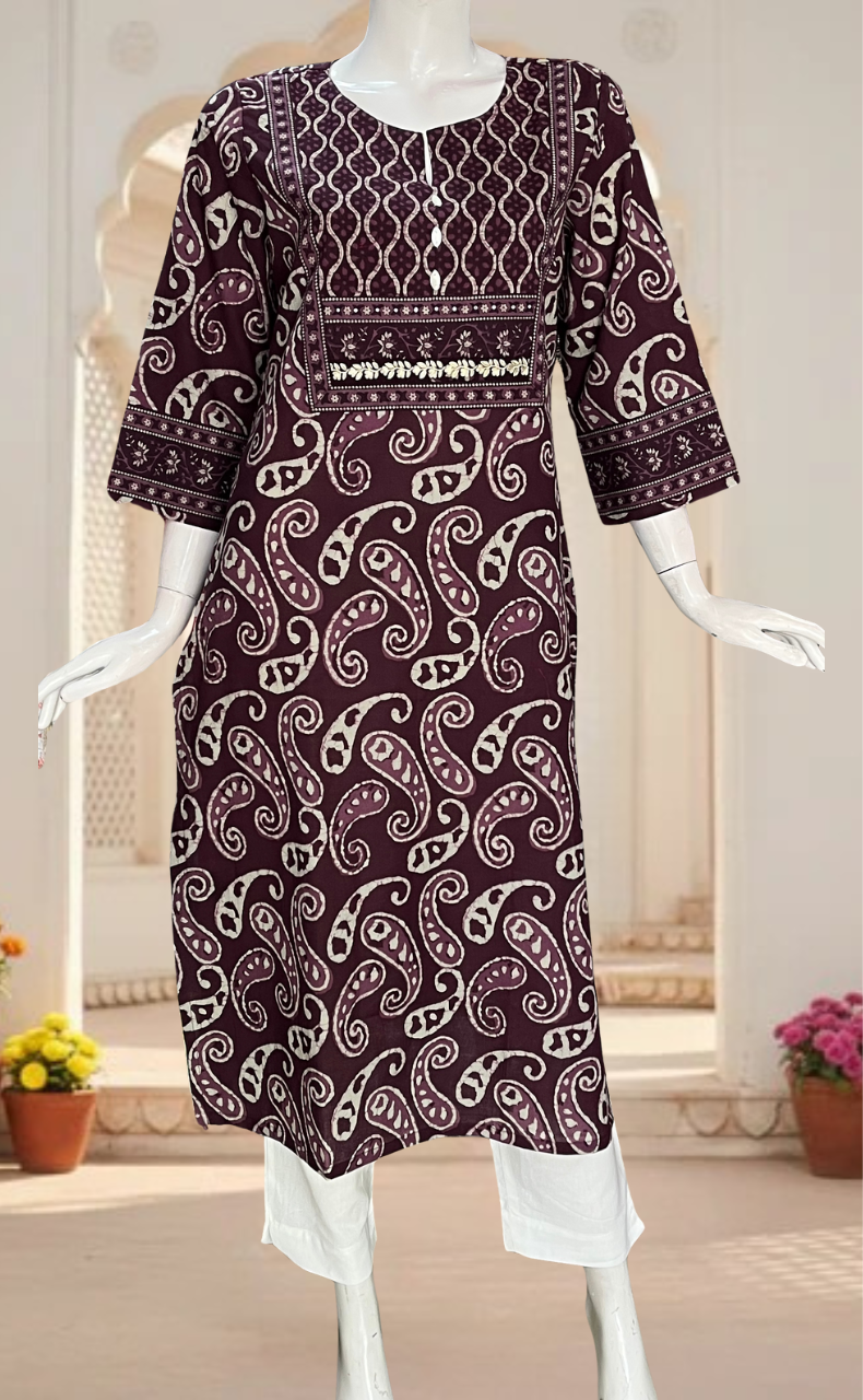 Rustic Purple Paisley Print Jaipuri Cotton Kurti. Pure Versatile Cotton. | Laces and Frills
