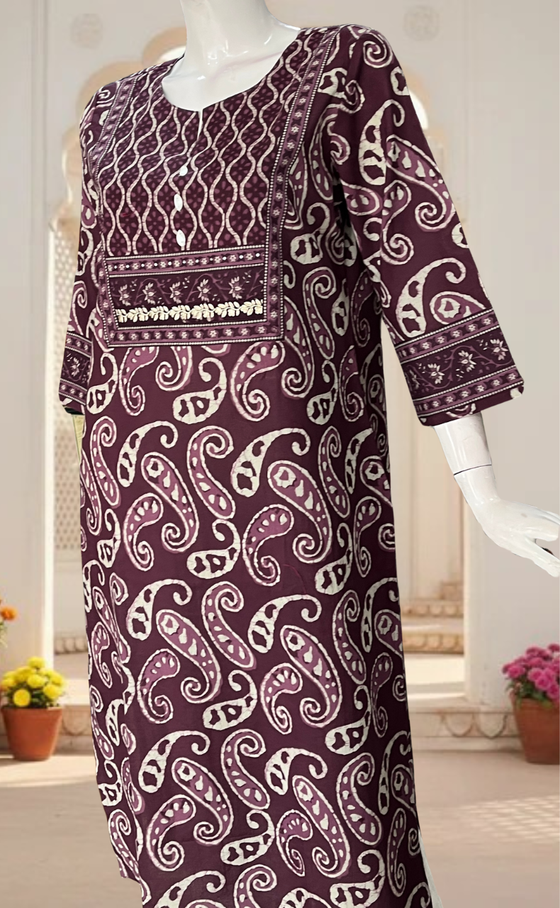 Rustic Purple Paisley Print Jaipuri Cotton Kurti. Pure Versatile Cotton. | Laces and Frills
