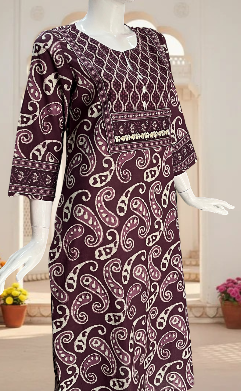 Rustic Purple Paisley Print Jaipuri Cotton Kurti. Pure Versatile Cotton. | Laces and Frills