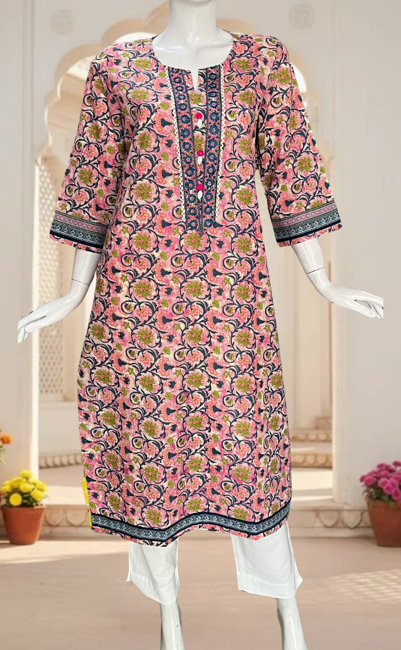 Pink Garden Jaipuri Cotton Kurti. Pure Versatile Cotton. | Laces and Frills