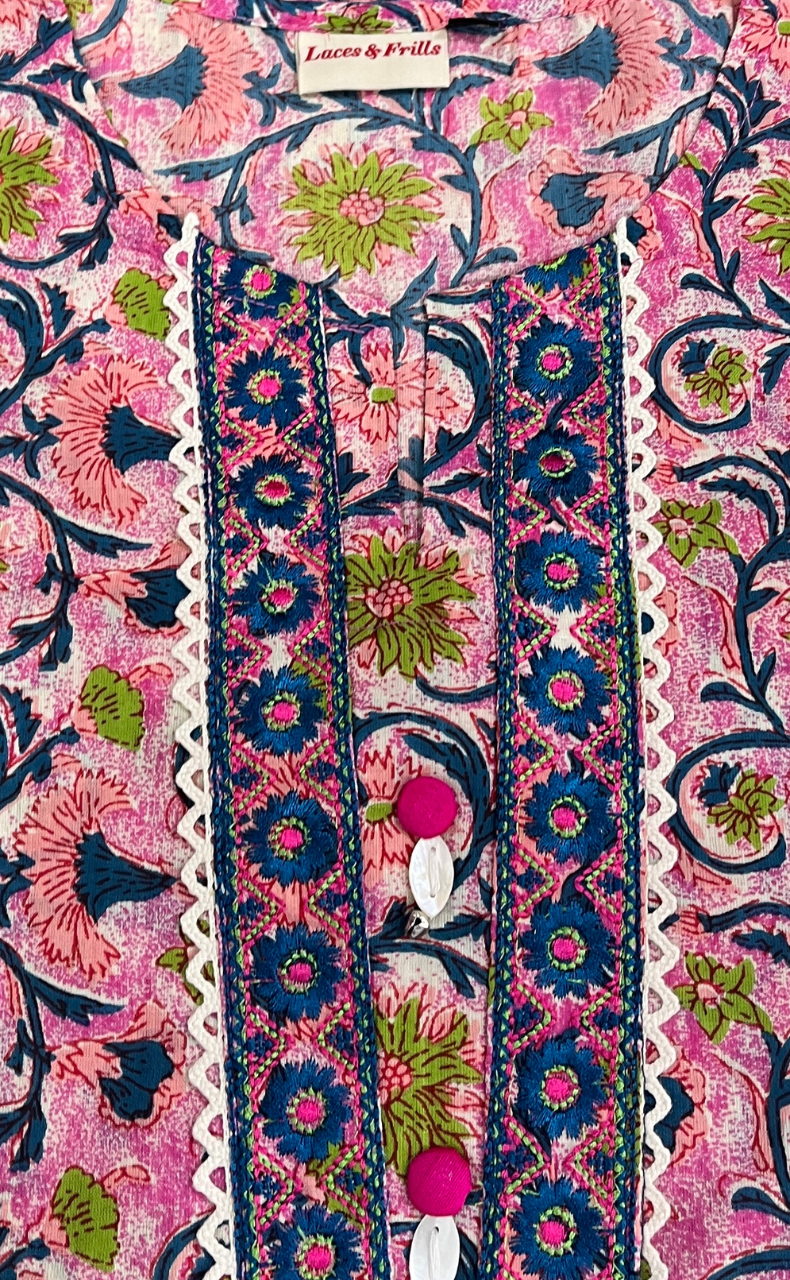Pink Garden Jaipuri Cotton Kurti. Pure Versatile Cotton. | Laces and Frills