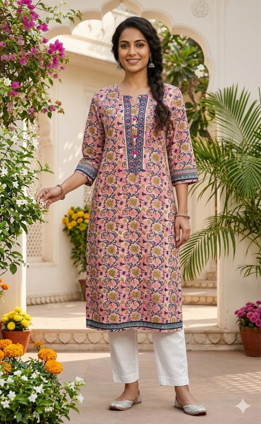 Pink Garden Jaipuri Cotton Kurti. Pure Versatile Cotton. | Laces and Frills - Laces and Frills