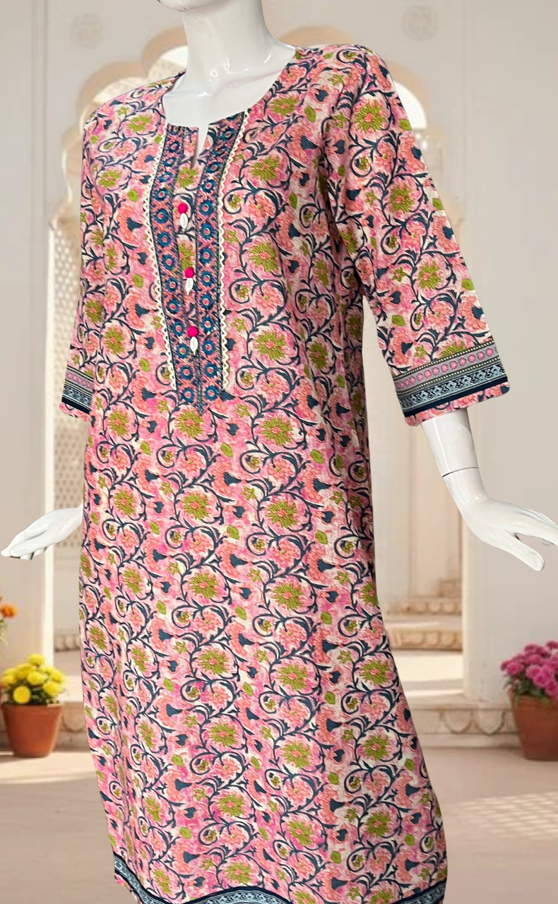 Pink Garden Jaipuri Cotton Kurti. Pure Versatile Cotton. | Laces and Frills