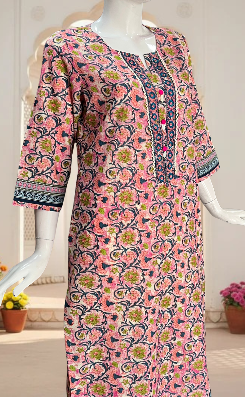 Pink Garden Jaipuri Cotton Kurti. Pure Versatile Cotton. | Laces and Frills