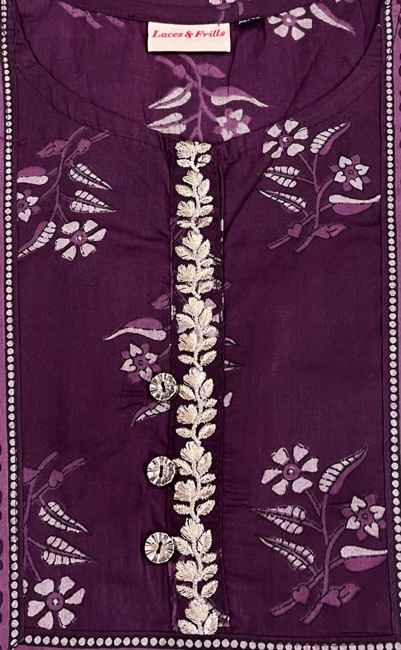 Rustic Purple Floral Jaipuri Cotton Kurti. Pure Versatile Cotton. | Laces and Frills