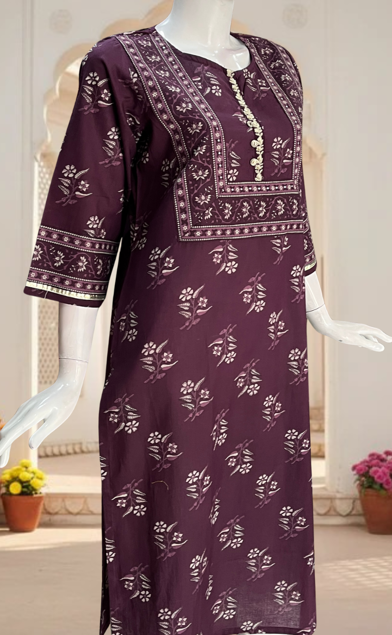 Rustic Purple Floral Jaipuri Cotton Kurti. Pure Versatile Cotton. | Laces and Frills