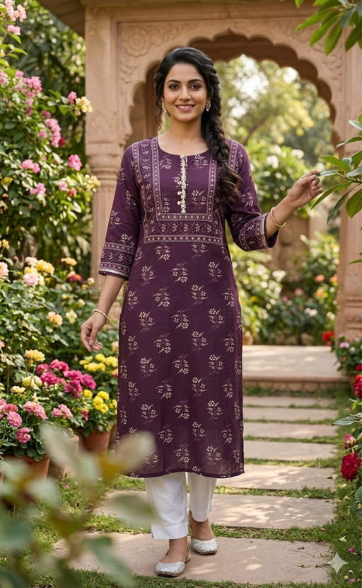 Rustic Purple Floral Jaipuri Cotton Kurti. Pure Versatile Cotton. | Laces and Frills - Laces and Frills