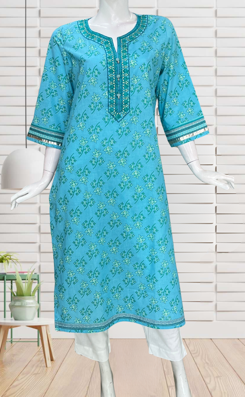 Light Sky Blue Leafy Jaipuri Cotton Kurti. Pure Versatile Cotton. | Laces and Frills - Laces and Frills