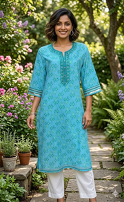 Light Sky Blue Leafy Jaipuri Cotton Kurti. Pure Versatile Cotton. | Laces and Frills - Laces and Frills