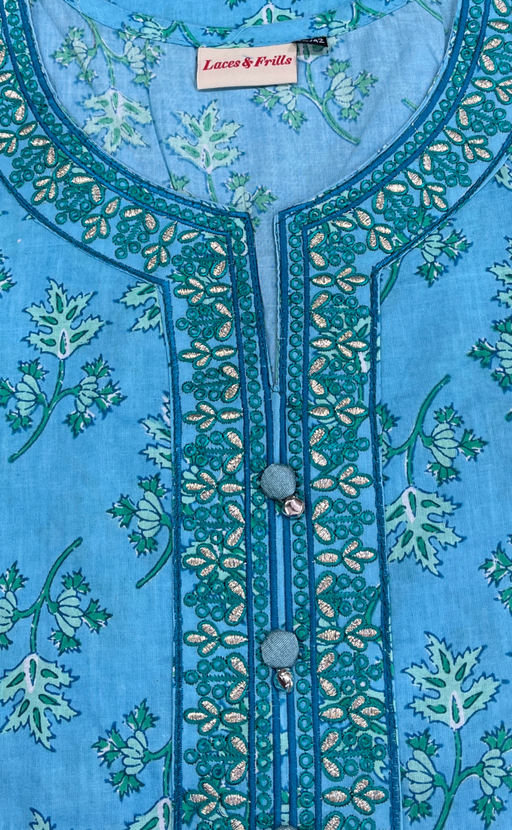 Light Sky Blue Leafy Jaipuri Cotton Kurti. Pure Versatile Cotton. | Laces and Frills - Laces and Frills