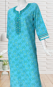 Light Sky Blue Leafy Jaipuri Cotton Kurti. Pure Versatile Cotton. | Laces and Frills - Laces and Frills