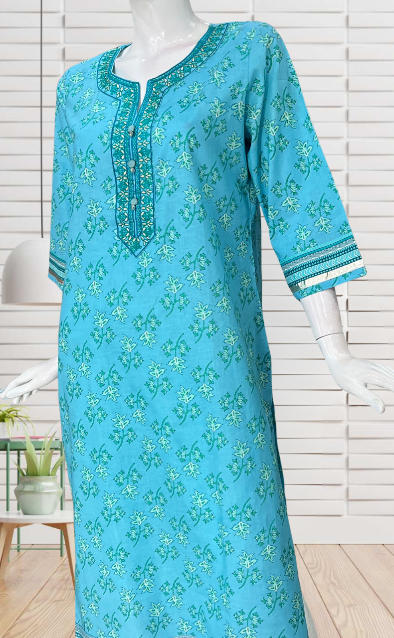 Light Sky Blue Leafy Jaipuri Cotton Kurti. Pure Versatile Cotton. | Laces and Frills - Laces and Frills
