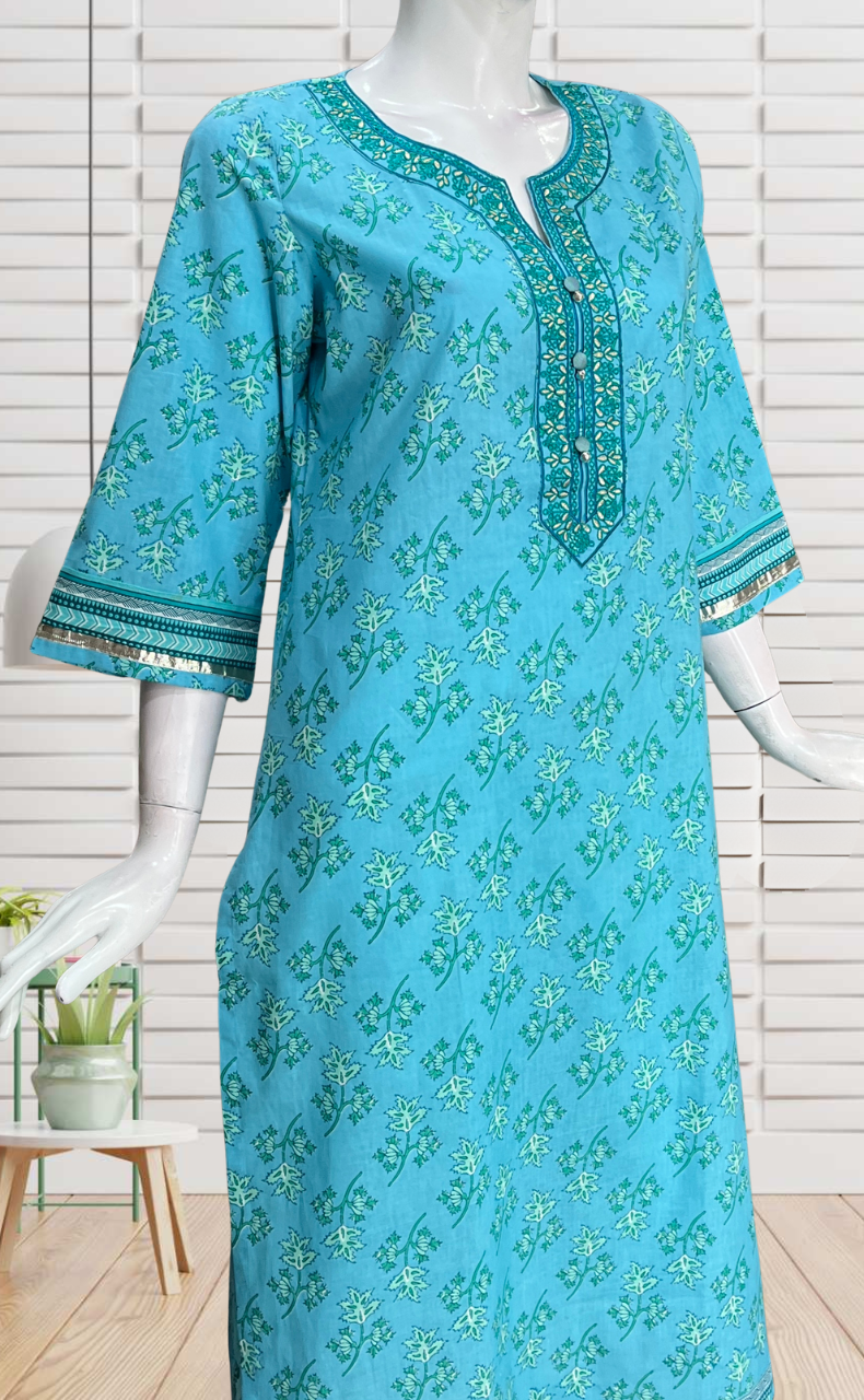 Light Sky Blue Leafy Jaipuri Cotton Kurti. Pure Versatile Cotton. | Laces and Frills - Laces and Frills