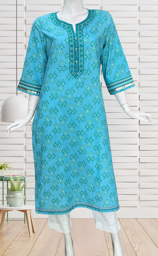 Light Sky Blue Leafy Jaipuri Cotton Kurti. Pure Versatile Cotton. | Laces and Frills - Laces and Frills