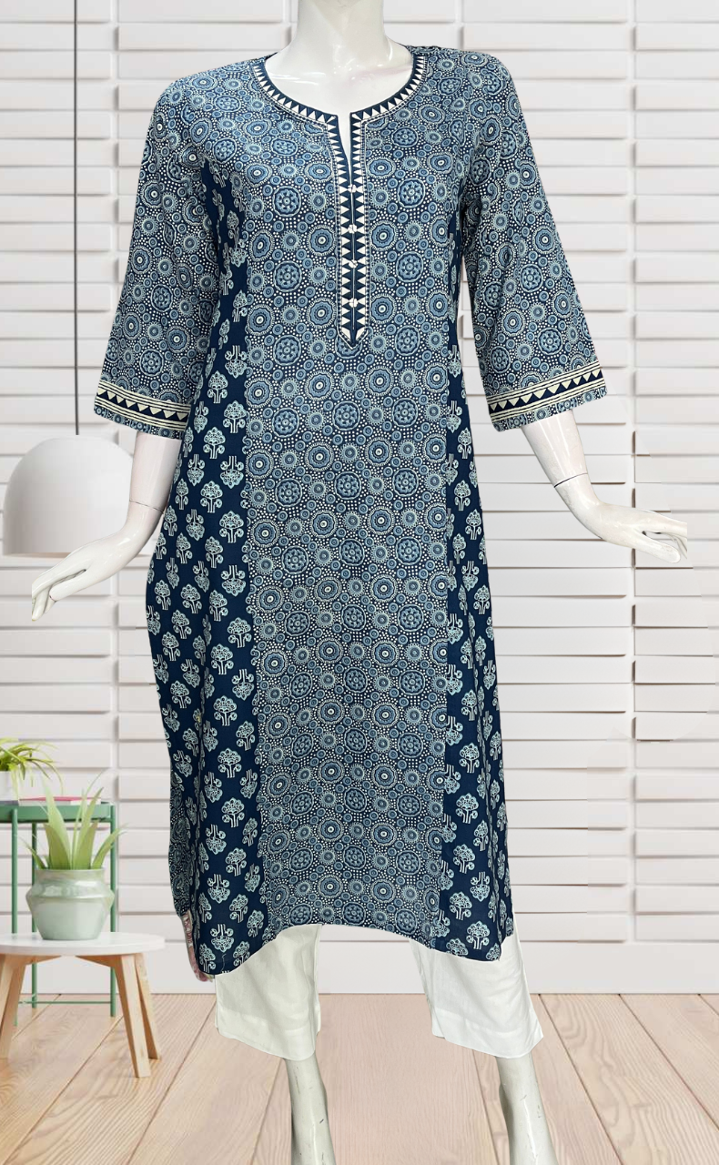 Blue Ajrakh Jaipuri Cotton Kurti. Pure Versatile Cotton. | Laces and Frills - Laces and Frills