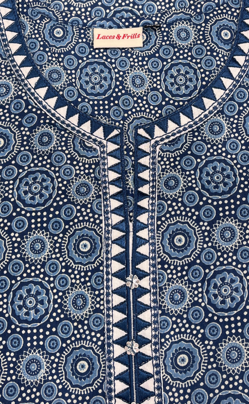 Blue Ajrakh Jaipuri Cotton Kurti. Pure Versatile Cotton. | Laces and Frills - Laces and Frills