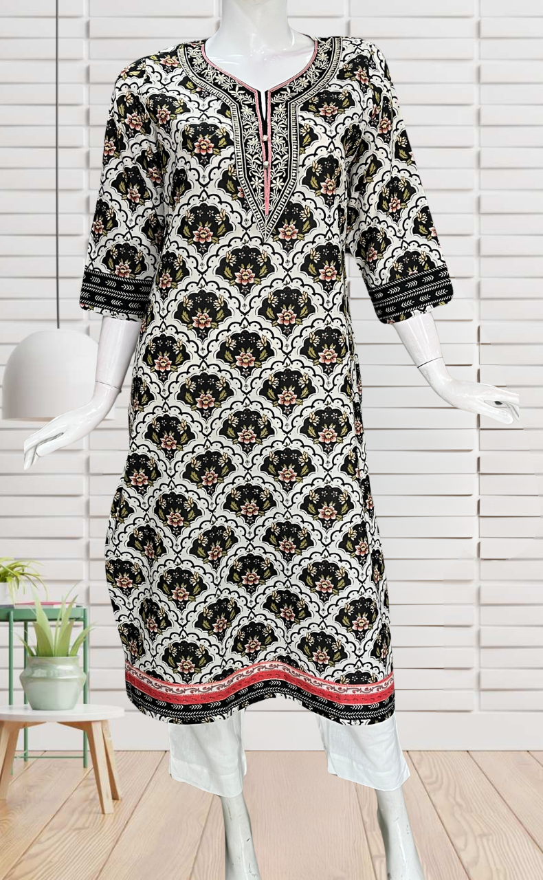 Black Floral Jaipuri Cotton Kurti. Pure Versatile Cotton. | Laces and Frills - Laces and Frills