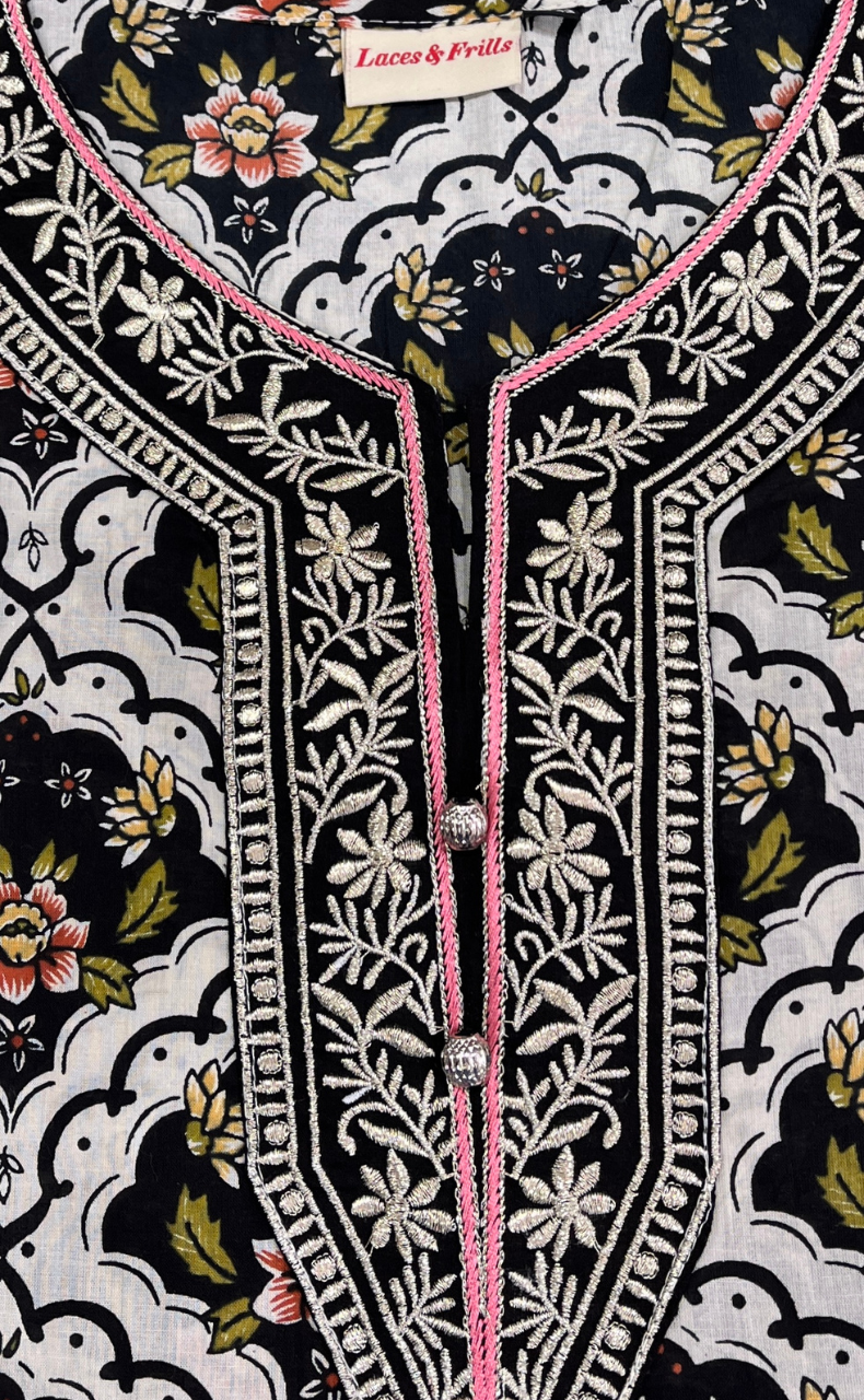 Black Floral Jaipuri Cotton Kurti. Pure Versatile Cotton. | Laces and Frills - Laces and Frills