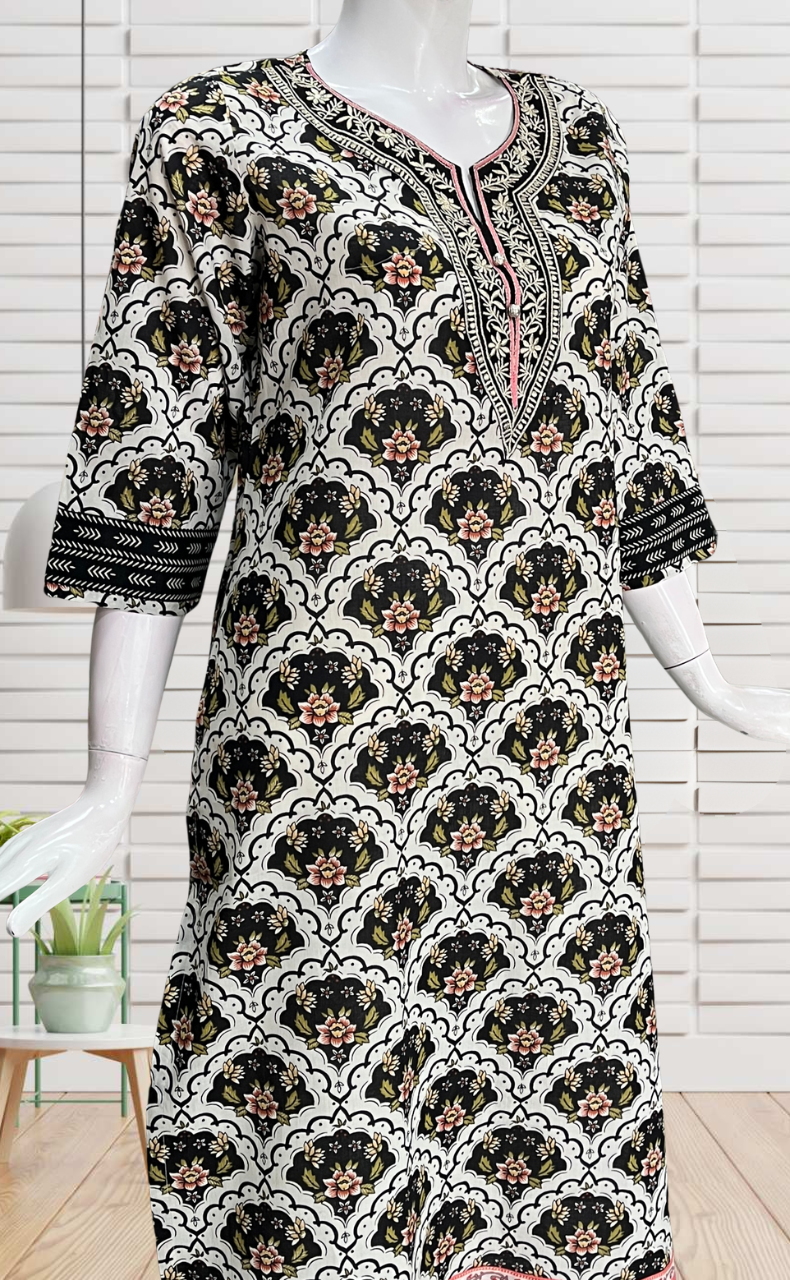 Black Floral Jaipuri Cotton Kurti. Pure Versatile Cotton. | Laces and Frills - Laces and Frills