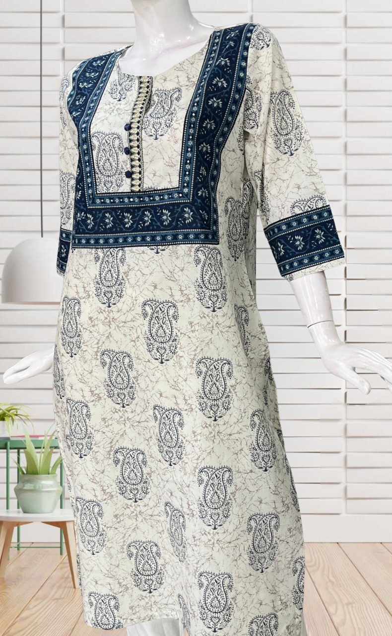 Off White Paisley Print Jaipuri Cotton Kurti. Pure Versatile Cotton. | Laces and Frills - Laces and Frills