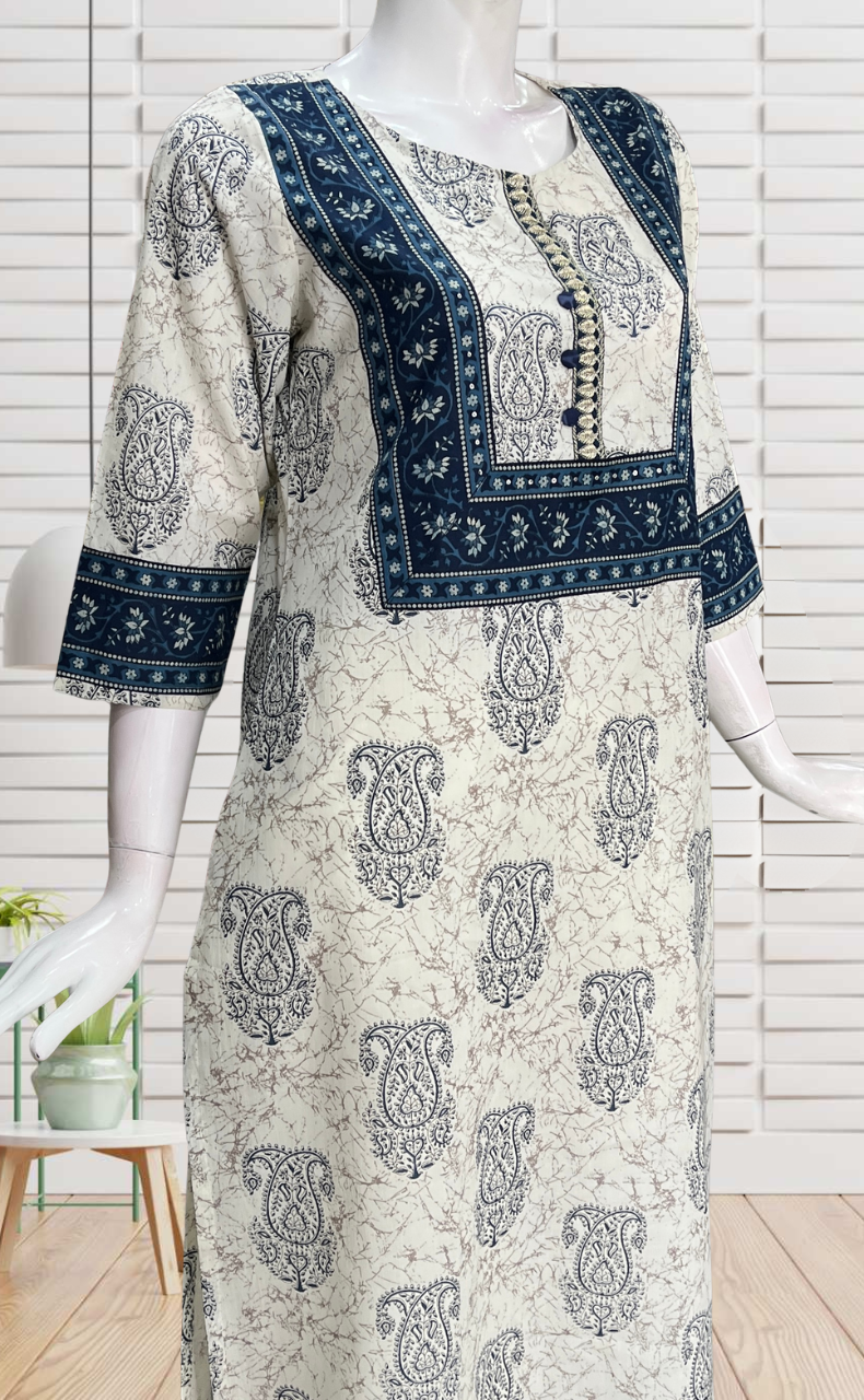Off White Paisley Print Jaipuri Cotton Kurti. Pure Versatile Cotton. | Laces and Frills - Laces and Frills