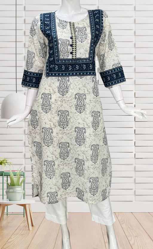 Off White Paisley Print Jaipuri Cotton Kurti. Pure Versatile Cotton. | Laces and Frills - Laces and Frills