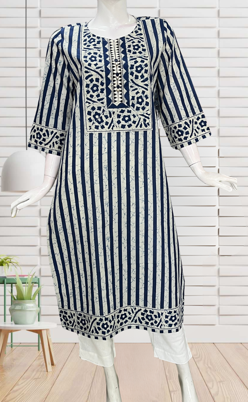 Indigo Blue Stripes Jaipuri Cotton Kurti. Pure Versatile Cotton. | Laces and Frills - Laces and Frills