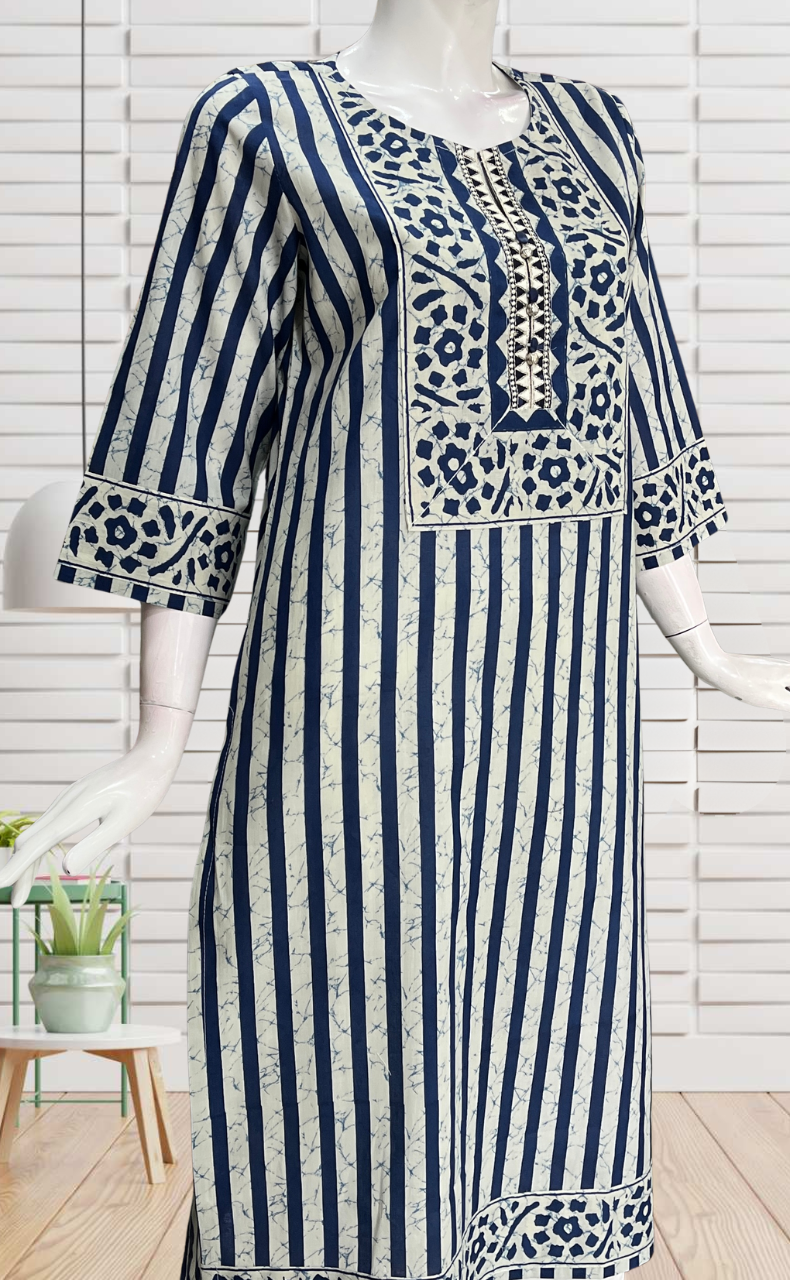 Indigo Blue Stripes Jaipuri Cotton Kurti. Pure Versatile Cotton. | Laces and Frills - Laces and Frills