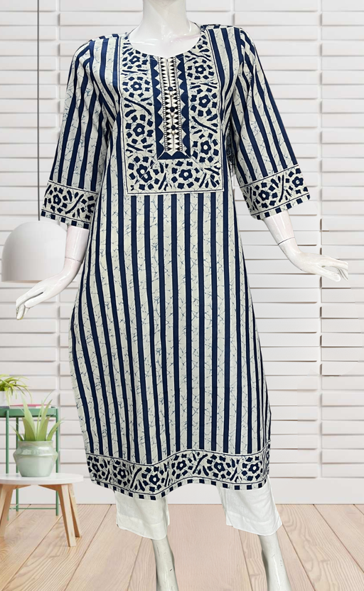 Indigo Blue Stripes Jaipuri Cotton Kurti. Pure Versatile Cotton. | Laces and Frills - Laces and Frills