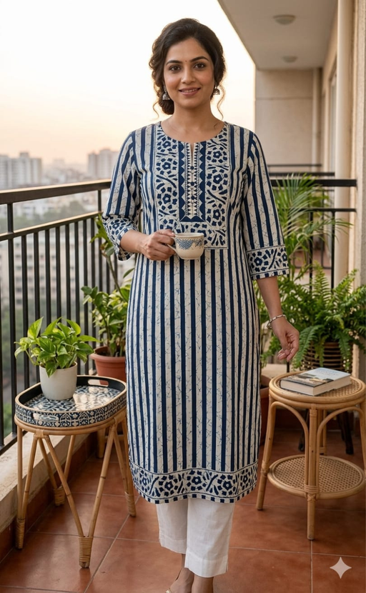 Indigo Blue Stripes Jaipuri Cotton Kurti. Pure Versatile Cotton. | Laces and Frills - Laces and Frills