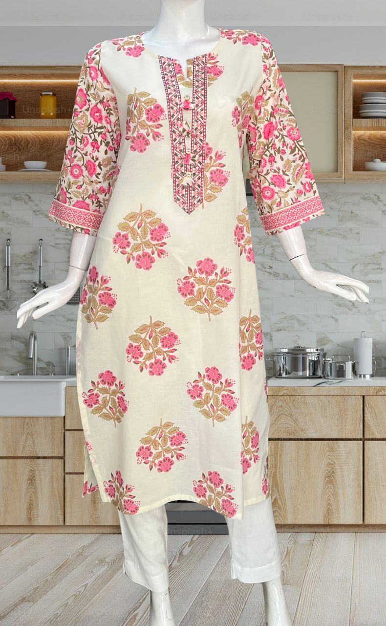 Pink Floral Crown Jaipuri Cotton Kurti. Pure Versatile Cotton. | Laces and Frills