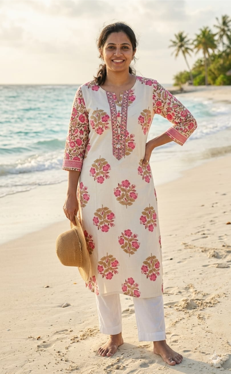 Pink Floral Crown Jaipuri Cotton Kurti. Pure Versatile Cotton. | Laces and Frills