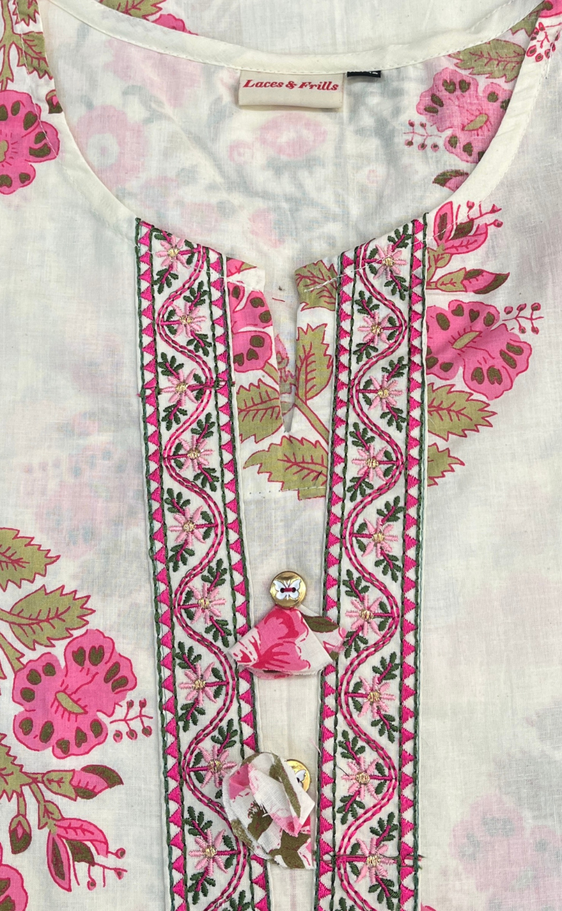 Pink Floral Crown Jaipuri Cotton Kurti. Pure Versatile Cotton. | Laces and Frills