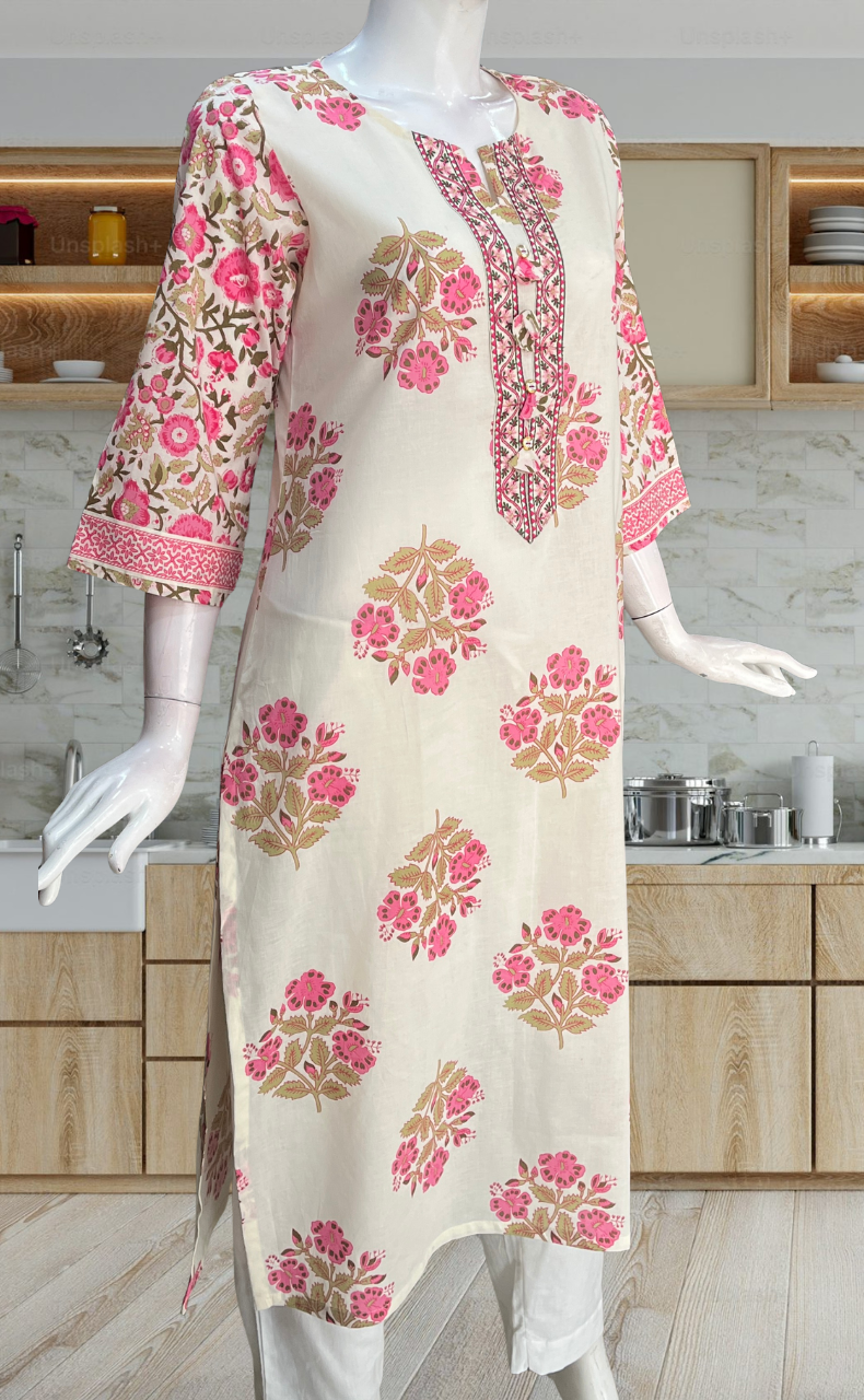 Pink Floral Crown Jaipuri Cotton Kurti. Pure Versatile Cotton. | Laces and Frills