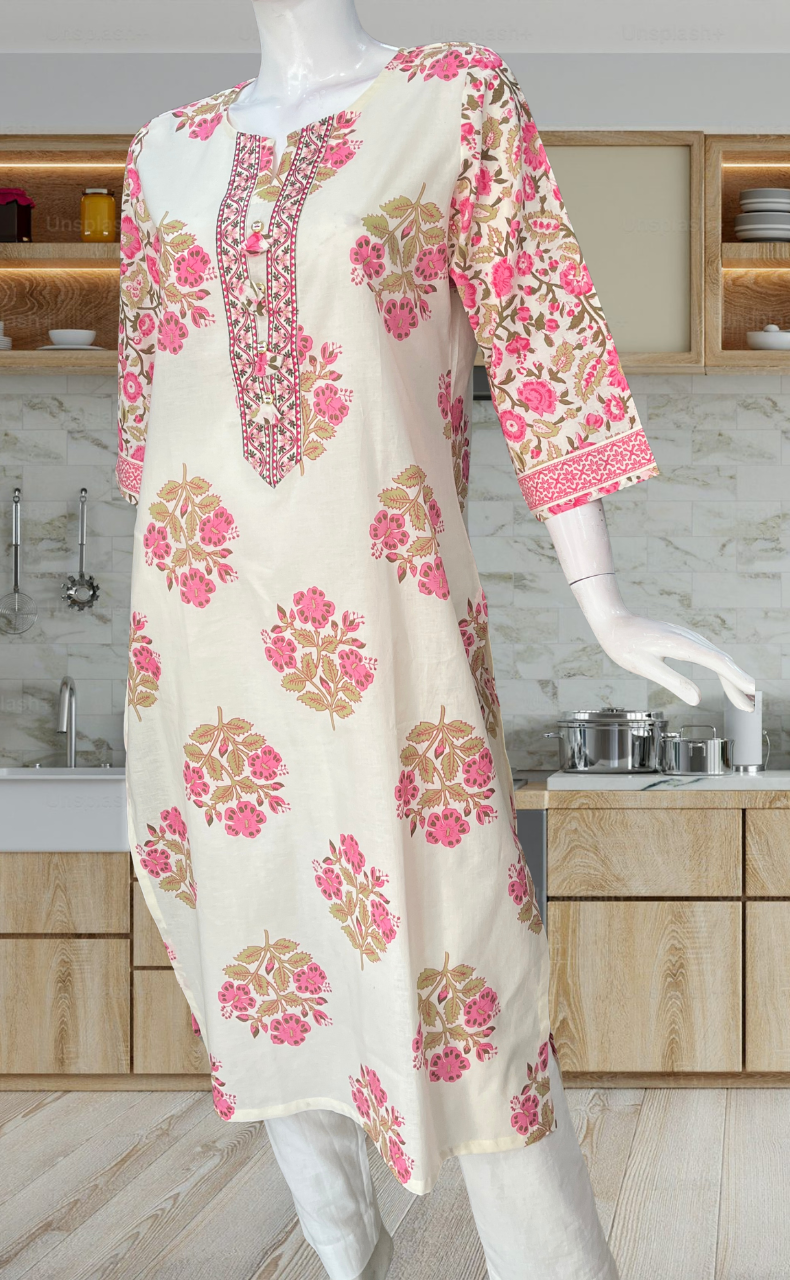 Pink Floral Crown Jaipuri Cotton Kurti. Pure Versatile Cotton. | Laces and Frills