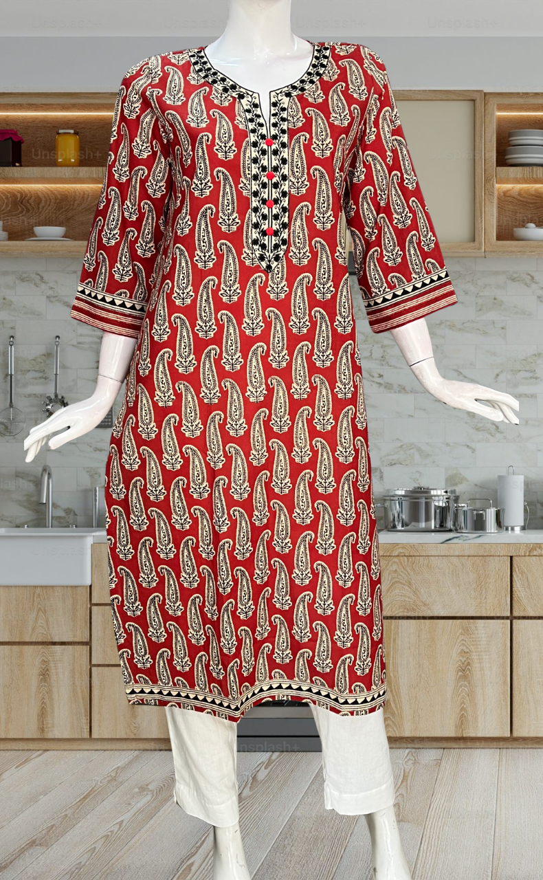 Rust Maroon Motif Jaipuri Cotton Kurti. Pure Versatile Cotton. | Laces and Frills