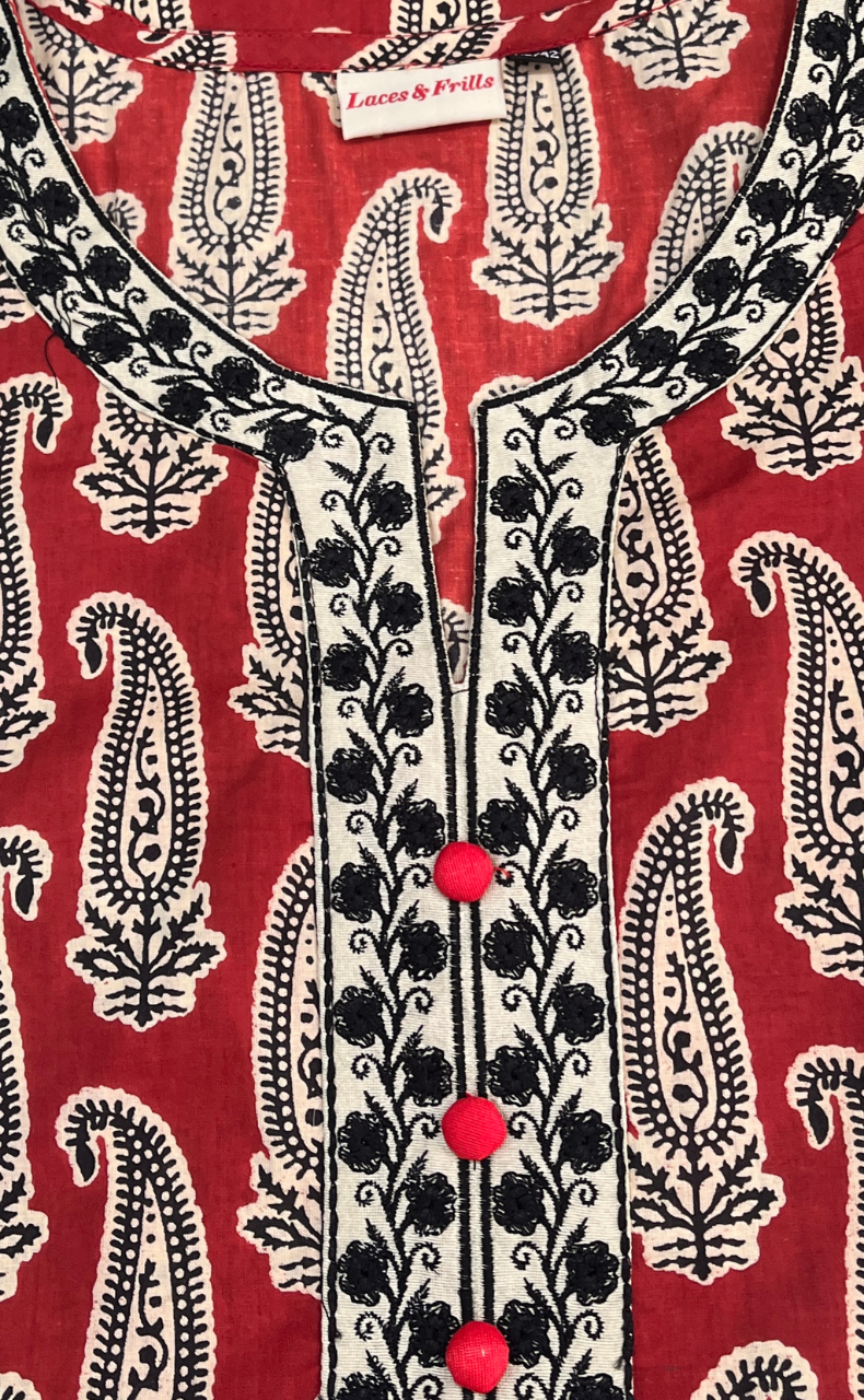 Rust Maroon Motif Jaipuri Cotton Kurti. Pure Versatile Cotton. | Laces and Frills