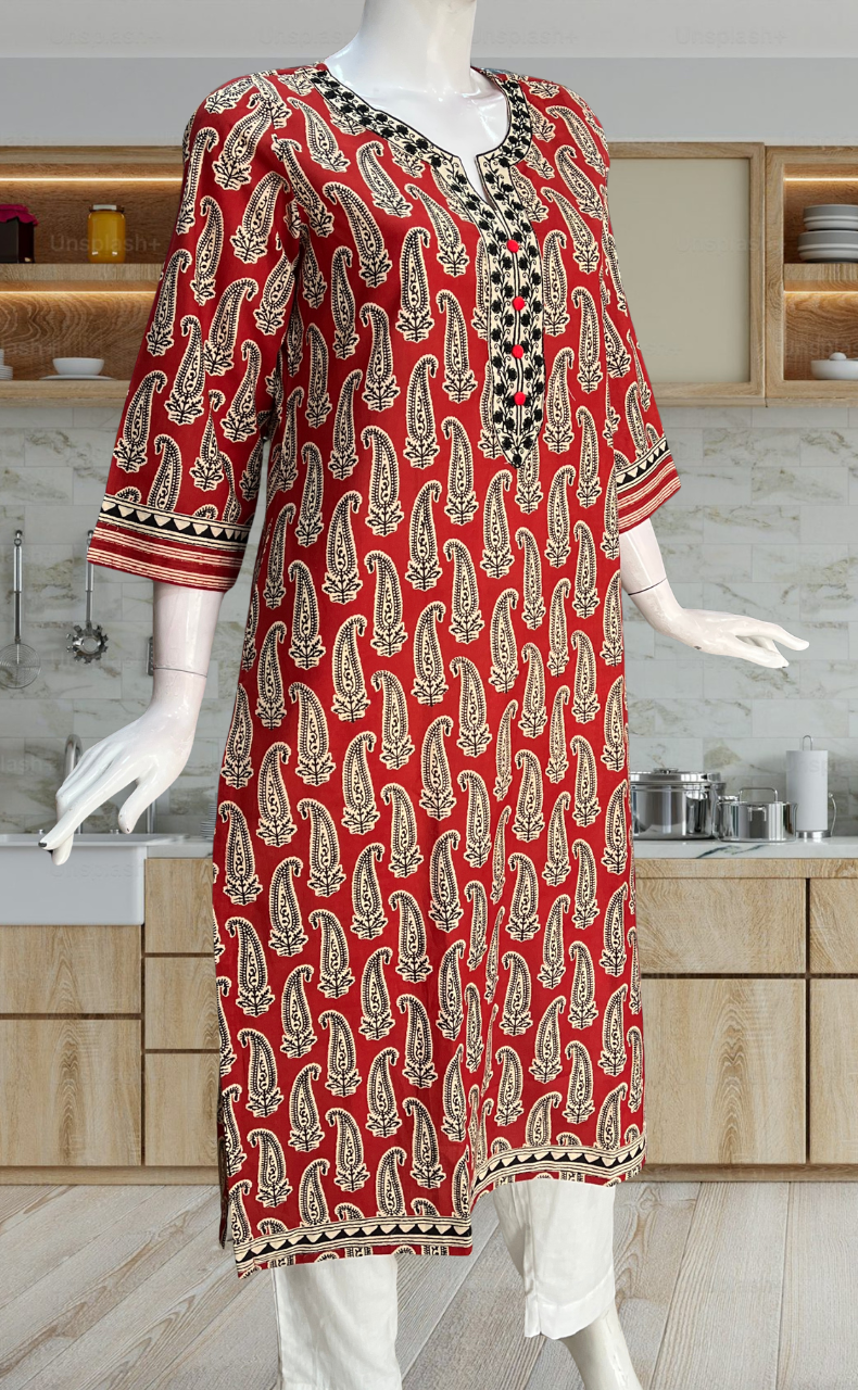 Rust Maroon Motif Jaipuri Cotton Kurti. Pure Versatile Cotton. | Laces and Frills