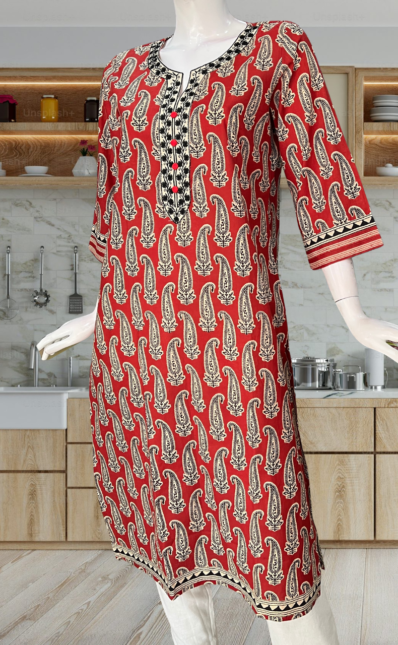 Rust Maroon Motif Jaipuri Cotton Kurti. Pure Versatile Cotton. | Laces and Frills