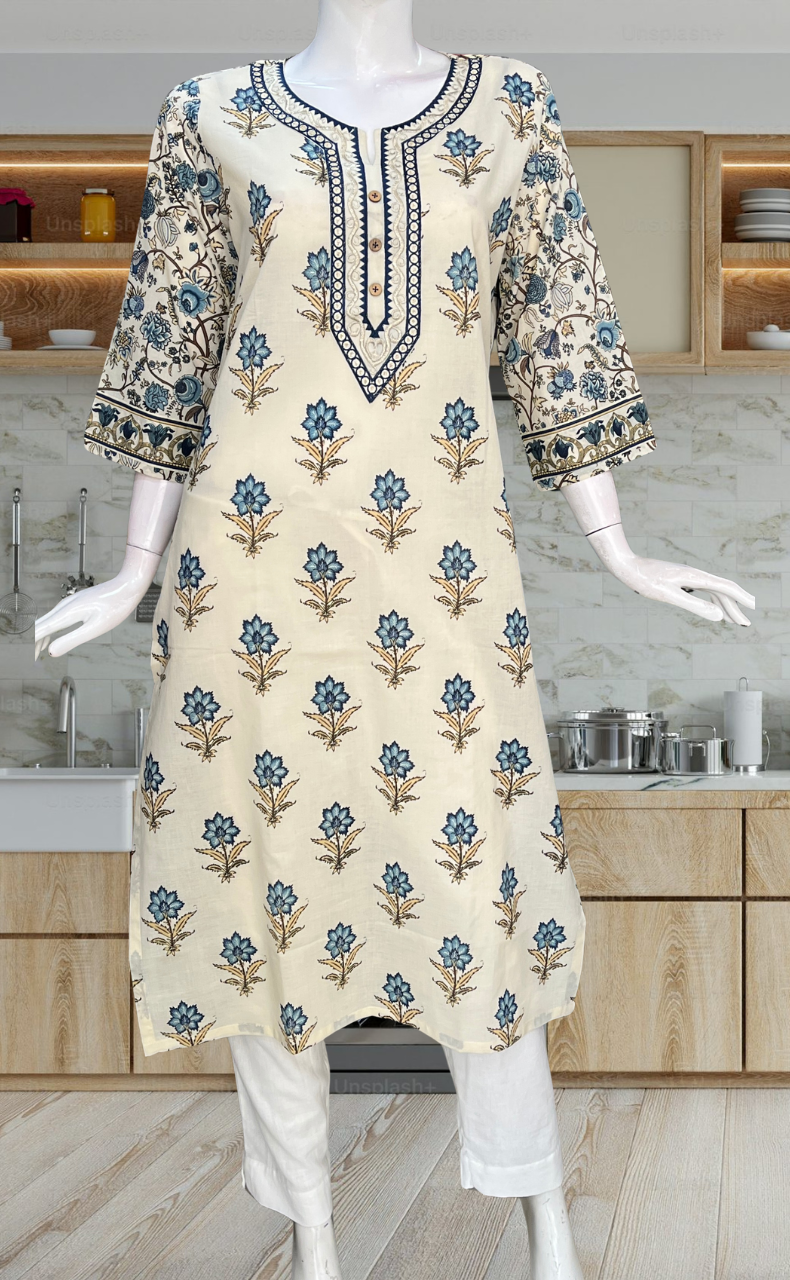 Blue Floral Jaipuri Cotton Kurti. Pure Versatile Cotton. | Laces and Frills
